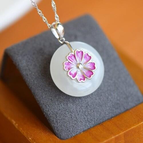 Natural Hotian Jade Pendant Peace Buckle Necklace Female Small Flowers Clavicle Chain S925 Sterling Silver Simple Original Desig