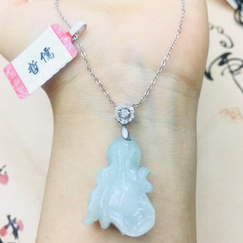 Natural Burmese Ajadeite Carved Jade Cabbage Pendant with 925 Sterling Silver Necklace Elegant Lady Jade Clavicle Chain