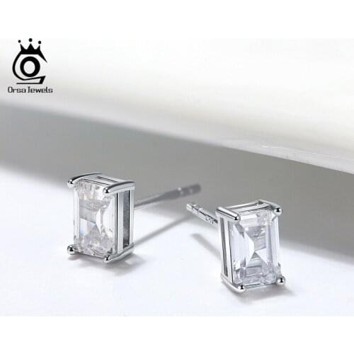 ORSA JEWELS S925 Sterling Silver Stud Earrings Emerald Shape CB Stone Surgical Grade Cutting Shiny Trendy Brincos For Girl SE332