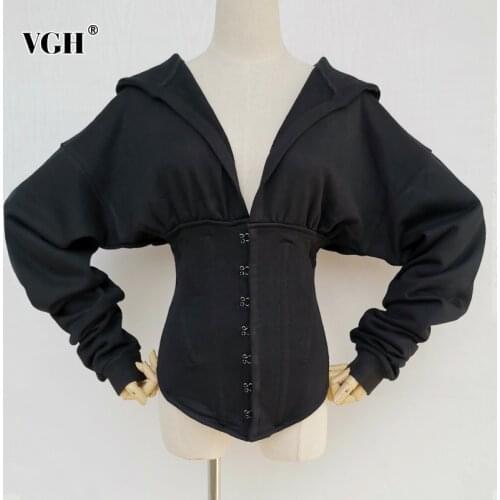 VGH Black Tunic Sweatshirt For Female Hooded Collar Long Sleeve Solid Casual Slim Sweatshirts Female Fashion New Clothing 2021