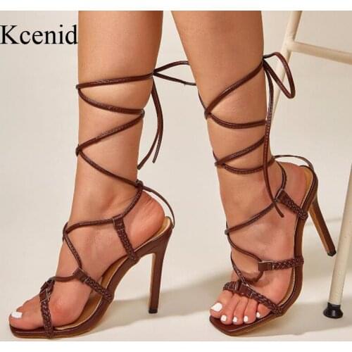 Kcenid Womens Sandals 2021 Summer Fashion Braid Thin High Heels Party Dress Shoes Female Sexy Sandals Woman Plus Size 42 Brown