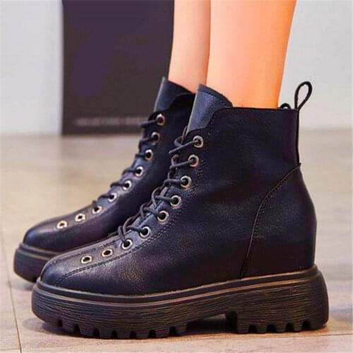 Military Punk Boots Womens Black Cow Leather Platform Wedge Ankle Boots High Heels Oxfords Round Toe Cool Shoes