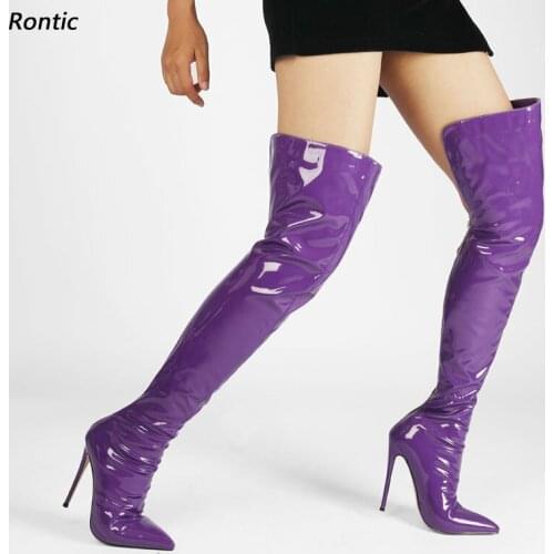 Rontic Women Winter Over Knee Boots Patent Zipper Stiletto Heels Pointed Toe Purple Fuchsia Green Night Club Shoes US Size 5-15