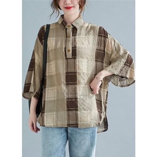 Oversized Women Cotton Linen Casual Shirts New 2021 Spring Simple Style Vintage Plaid Flare Sleeve Loose Female Tops S3531