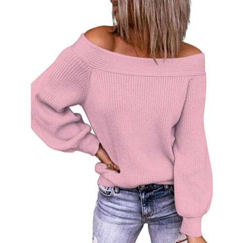 Plus Size Women Sweater Off Shoulder Lantern Sleeve Autumn Winter Breathable Soft Slash Neck Strapless Patchwork Top Streetwear