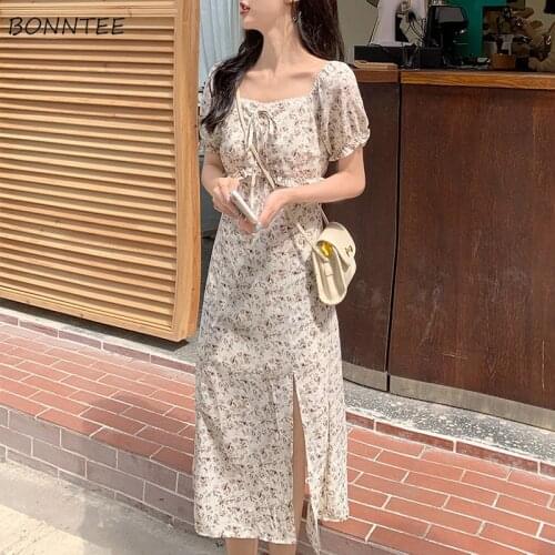 Short Sleeve Dress Women Slim Square Collar Retro Floral Side-slit College Maxi Soft Summer Ladies French Style Casual Vestidos