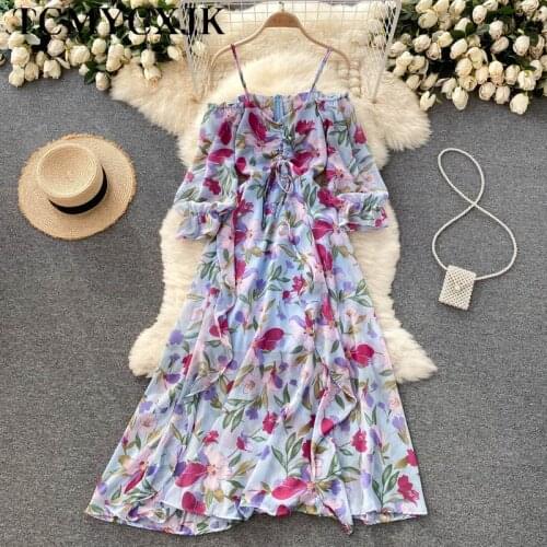One Shoulder Slim Floral Midi Chiffon Dress For Women 2021 New Pink Elegant Casual Puff Sleeve Dress Vintage Fairy Prom Dresses