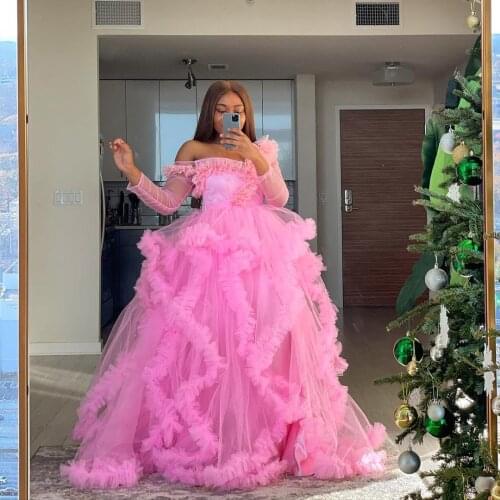 2021 African Pink Evening Dresses for Women Tulle Ruffles Long Sleeve Prom Dress Party Wear Beaded Formal Robe De Soirée