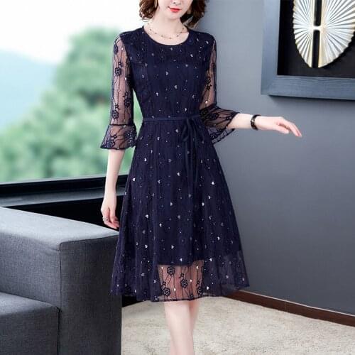 2021 Vintage Navy Blue Lace Midi Dresses Spring Summer New 3XL Plus Size Runway Sexy Dress Elegant Women Bodycon Party Vestidos