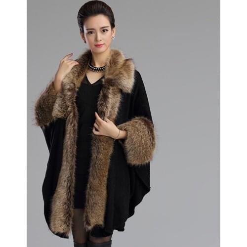 SWONCO Crochet Poncho Women Winter Faxu Fur Cloak Loose Capes Long Sleeve 2019 New Black Cape Femme Winter Coat Jacket Cape