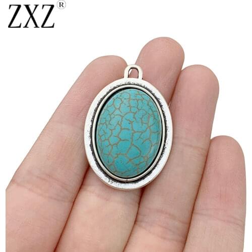 ZXZ 10pcs Tibetan Silver Oval Faux Turquoise Stone Charms Pendants for DIY Necklace Jewelry Making Accessories 36x25mm