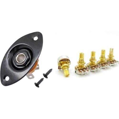 6 Pcs Guitar Accessories: 1 Pcs 30 BK Oval Indented Guitar Jack Plate Socket & 5 Pcs A500K Shaft Taper Potentiometers