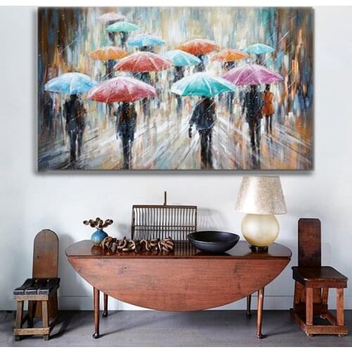 Abstract People In The Rain Canvas Paintings Colorful Umbrellas Posters and Modern Print Wall Art Picture for Living Home Decor