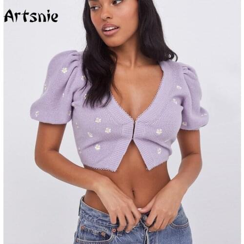 Artsnie Vintage Embroidery Cardigan Women Autumn V Neck Lantern Sleeve Sweater Pull Femme Streetwear Cropped Cardigan Sweater