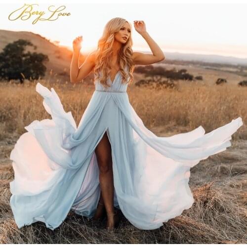 Berylove Sky Blue Evening Dresses Chiffon Formal Gown Spaghetti Strap A line Tiered Evening Dress Side Slit Long Prom Dresses