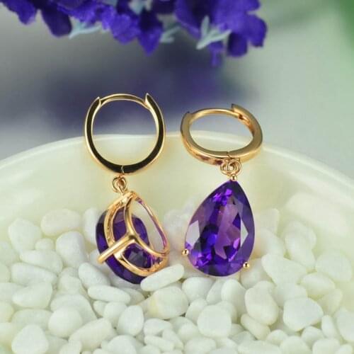 BLACK ANGEL 18K Elegant Amethyst Clip Earrings Water Drop Shaped Purple Gemstone Earrings For Women Fine Jewelry Wedding Gift