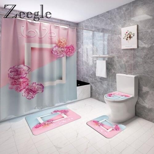 Floral Printed Shower Curtain Home Decor Bath Mat Set Waterproof Toilet Mat Absorbent U-Shaped Toilet Rug Non-slip Foot Rug