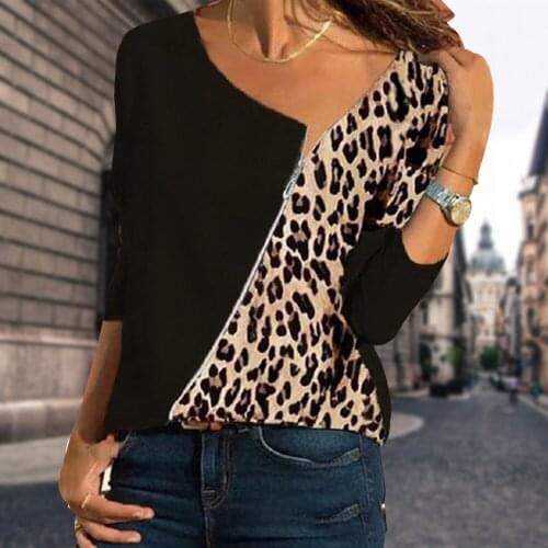 Autumn Long Sleeve T-shirt for Women Leopard Color Block Zipper Pullover Top Female Casual Tees Ladies Fashion Streetwear