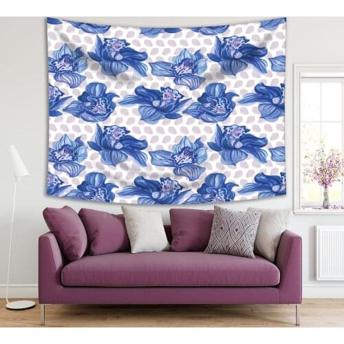 Tapestry Orchid Flowers on Background with Leaves Pattern Floral Classic Watercolor Style Artwork Blue White