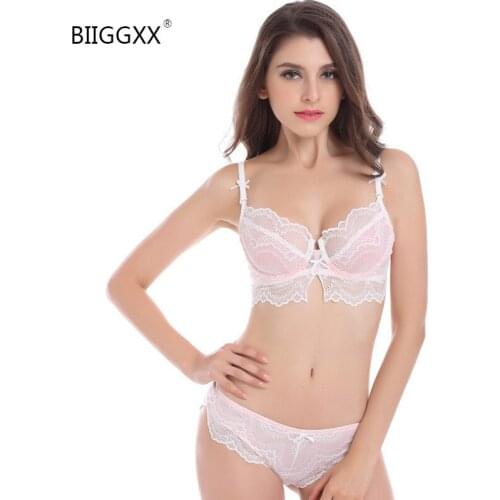 BIIGGXX womens underwear set ultra-thin sexy lace hemming push-up ultra-thin mold cup bra and seamless see-through panties