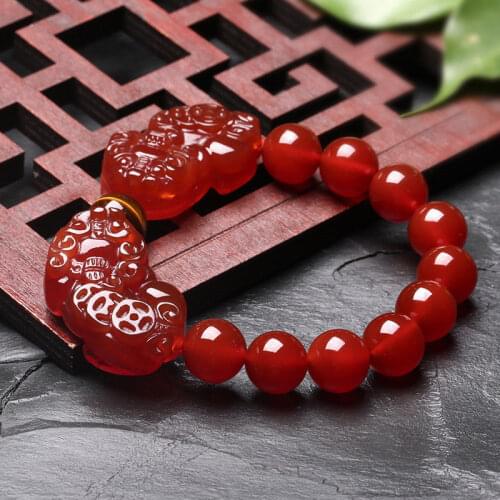 Fashion Hand-Knitted Natural Red Agate PiXiu Coin Beads Elastic Bracelet Bangle