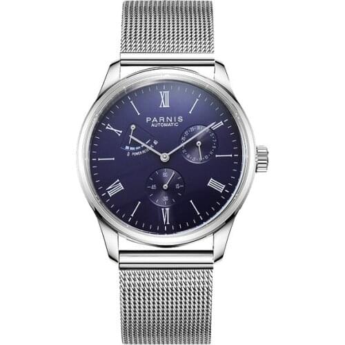 Parnis Mens Auto Date Water Resistant Power Reserve Business Seperate Second Dial Automatic Self Wind Mechanical Wrist Watches