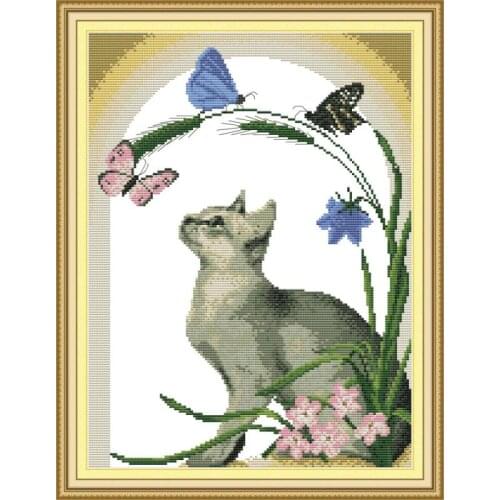 Joy Sunday Cat and Butterfly Cross Stitch Kit 14ct11ct Count Print Canvas Needle Embroidery Set DIY Manual Needlework Sewing Kit