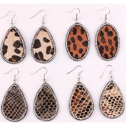ZWPON 2019 New Rhinestone Surround Paved Faux Snakeskin Leather Teardrop Earrings for Women Oval Dangle Animal Print Earrings
