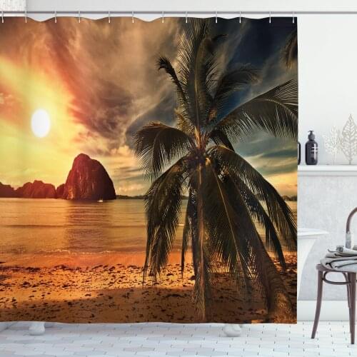 Orange Beach Shower Curtain Set Sunset Time Palm Trees and Sea Curtain for Bathroom 12 Hooks Cortinas de Baño וילון אמבטיה