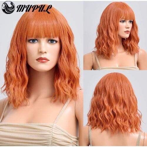 Orange Short Wave Colored Hair Synthetic Wig With Wangs For White Women Natural Cosplay Daily Female Heat Resistan Fiber Wigs
