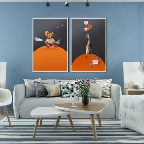 Cartoon Animal Poster Snail Squirrel Giraffe Canvas Painting for Living Room Orange Wall Art Photo Children Room Decoration