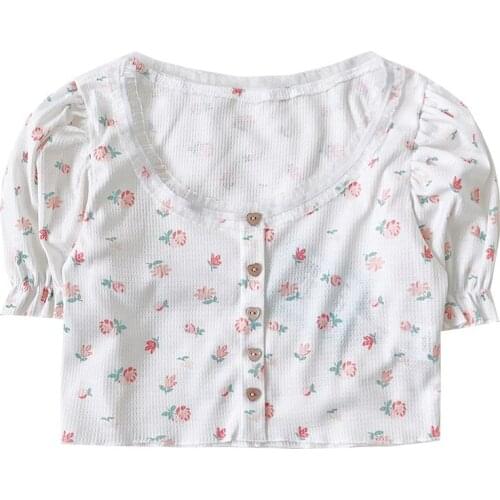 Sexy pink floral sweet lace retro-breasted slim short wild short-sleeved T-shirt