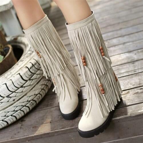 PXELENA Ethnic Bohemia Knee High Tassel Boots Women Shoes Hidden Increasing Heel Flock Fringe Long Boots Slip On Ladies Shoes