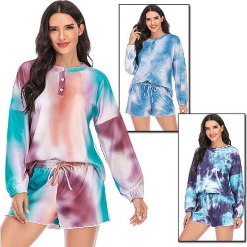 Spring and Autumn Womens Pajamas Tie Dye Long Sleeve Shorts Cool Casual Homewear Sleepwear Pijamas Women Sleep Tops