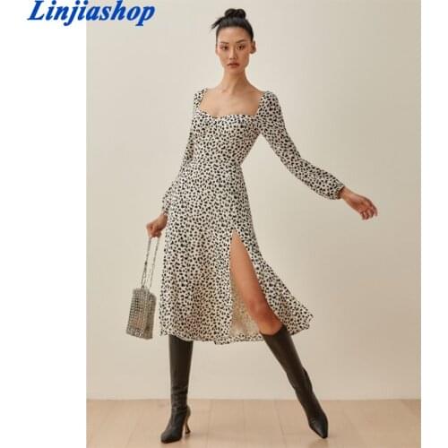 Vintage Long Sleeve Dress Chic White Leopard Print Midi Dress Retro Split Dresses Sexy Chiffon Vestidos