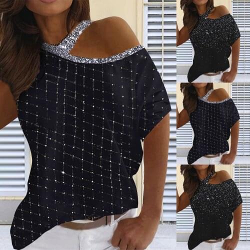 Women Short Sleeve Exposed One Shoulder Round Neck Sexy T-shirt Shining Printing Blouse Top Daliy All-match Lovely Girl T-shirt