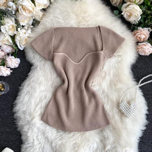 Popular Simple Design Knitted Short Sleeve T-shirt Women Casual Low-cut Square Collar Knitted Pullover Top