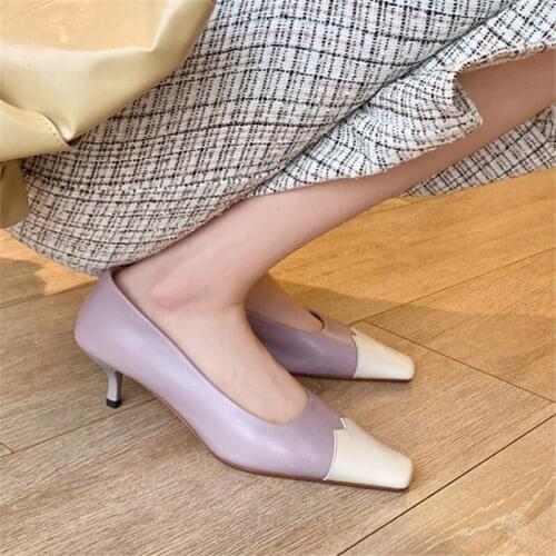 PXELENA Korean Sexy Women Kitten Heels Shoes Natural Genuine Leather Square Toe Slip On Contrast Color Shallow Pumps Lady Dress