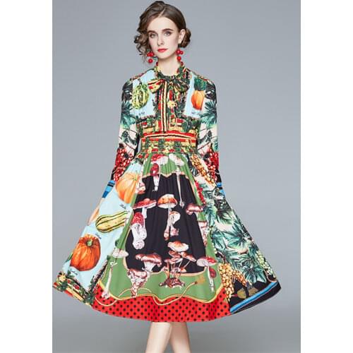 Fashion Designer Luxury Fruit Vegetable Printing Runway Dress Women Long Sleeve Bow Tie Collar Elastic Waist Vintage Dress