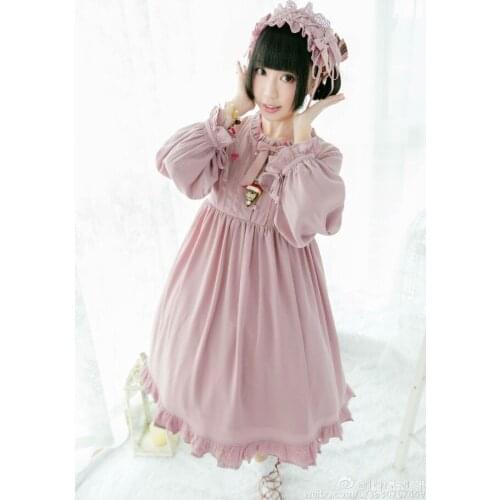 Cute Womens Pure Color Thick Chiffon Long Lantern Sleeve Lolita Dress Loose Round Chest Bow Pin Dolly Dress One Piece 3Colors