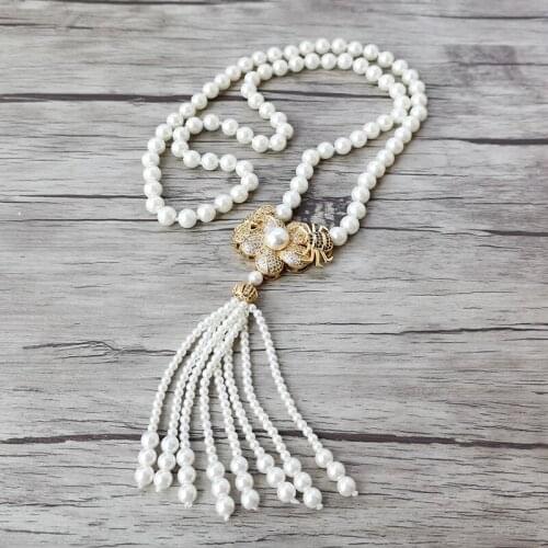 1Pcs New Design Bee flower charm Pendant CZ zircon pave, Shell Pearl Beads tassel Women Fashion Jewelry Necklace NK527