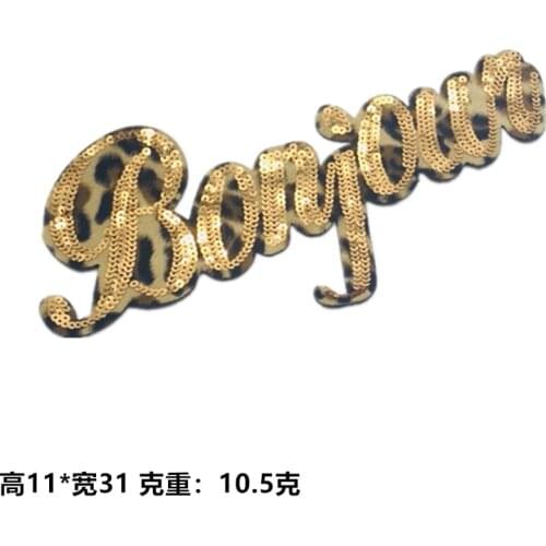 Large Bonjour Alphabet Sequin Patches Embroidered Bonjour Letter Leopard Print Applique for Clothing Jeans T-Shirt DIY Motif