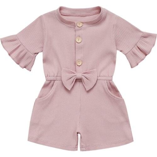1-5 Years Kids Toddler Baby Girls Clothes Ruffle Romper Solid Pink Red Bow Tie Short Jumpsuit Outfit Girls Summer Sunsuit
