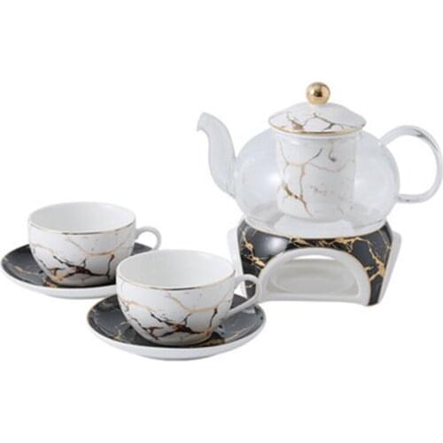 European Marble Flower Teapot set Heat-resistant Glass Teapot Afternoon Tea cup saucer Set Household Candle Heating insulation