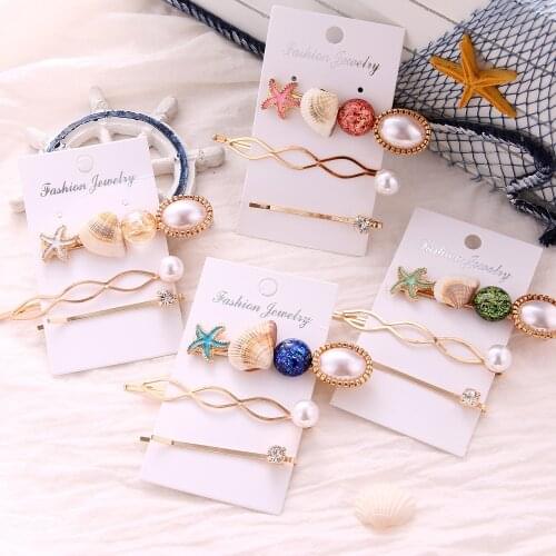 Hot Sale Pearl Shell Hair Clip with Starfish Imitation Pearl Acrylic Hair Clip Three-piece Suit for Female Hair Clip