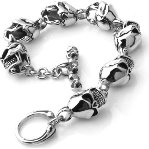 Hip Hop Stainless Steel Silver Color Skull Skeleton Link Chain Bangle Bracelet Mens Boys Punk Wristband Jewelry Xmas Gift 15mm