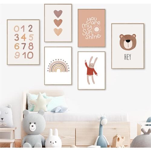 Heart Rainbow Bear Print Nursery Canvas Painting You Are My Sunshine Wall Art Poster Nordic Wall Pictures Baby Kids Room Decor
