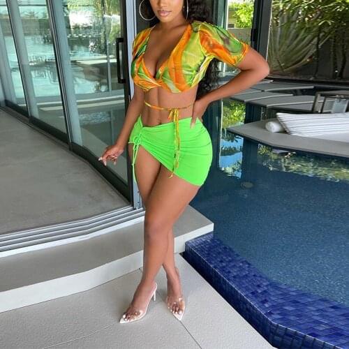 2 Pieces Sets Womens Outfits Skirt Sexy Party Green Crop Tops & Mini Skirts Drawstring Bodycon Fashion Outfits Matching Sets Hot