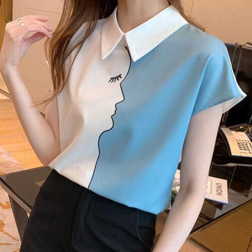 Contrast Stitching Printed Chiffon Shirt Womens Summer Short Sleeve Temperament Age Reducing Top Thin Versatile Design
