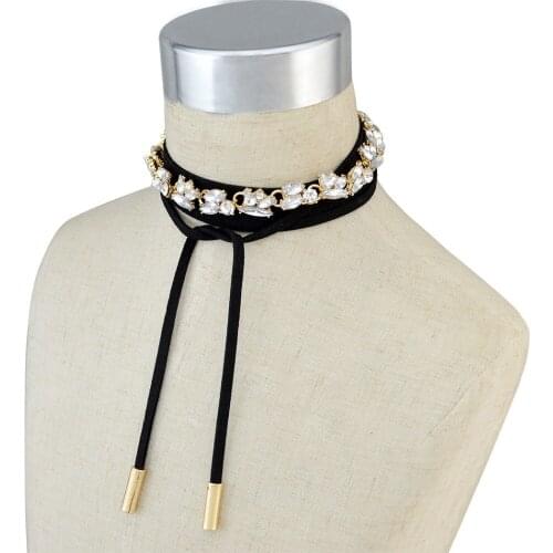 Korean Style Fashion Black Long Leather Gold Chain Crystal Choker Bib Necklaces For Women Girls Jewelry